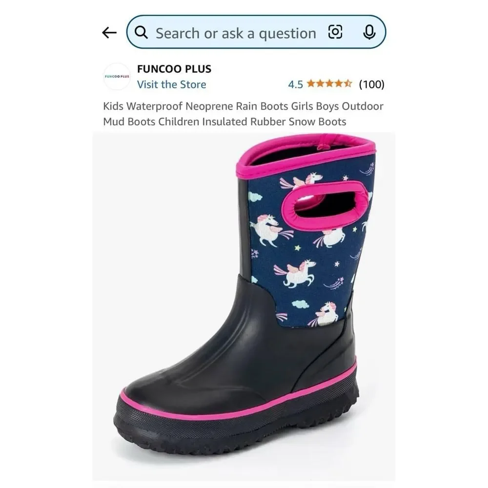 Funcoo kids neoprene rain snow boots unicorn print‎ kids size 27/10.5